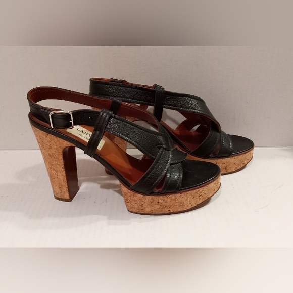 Lanvin Black Platform Sandals Strappy Slingback Leather w/Cork Heels Size 41/9.5 - Picture 1 of 10